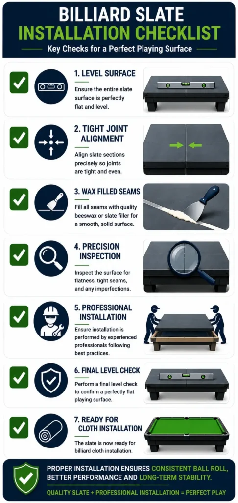 Comparison between professional and poor billiard slate installation, highlighting level surface, joint alignment, seam filling, ball roll, cloth installation, and long-term stability.