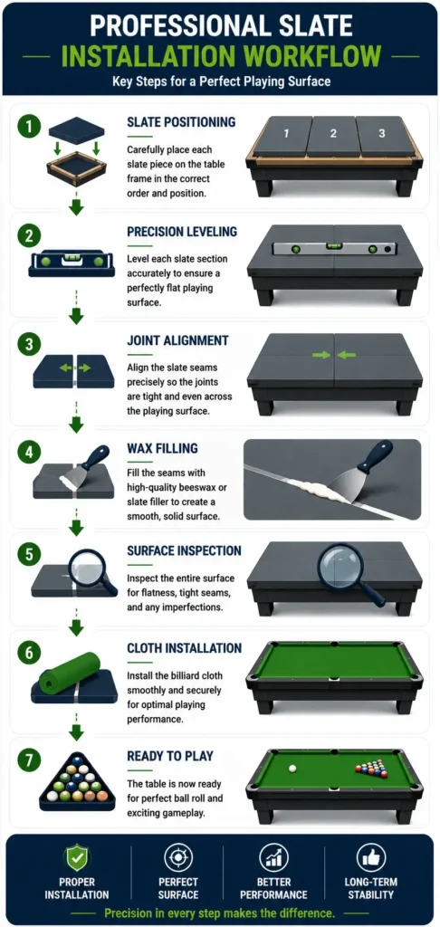 Professional billiard slate installation workflow showing slate positioning, precision leveling, joint alignment, wax filling, surface inspection, cloth installation, and ready-to-play setup.