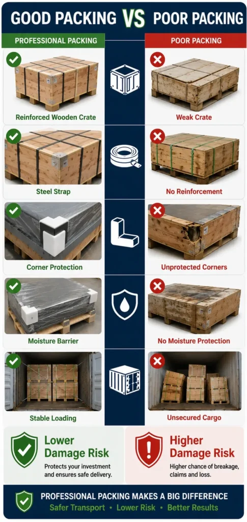 Comparison of professional and poor billiard slate packing, highlighting reinforced wooden crates, steel straps, corner protection, moisture barriers, stable loading, and reduced shipping damage.