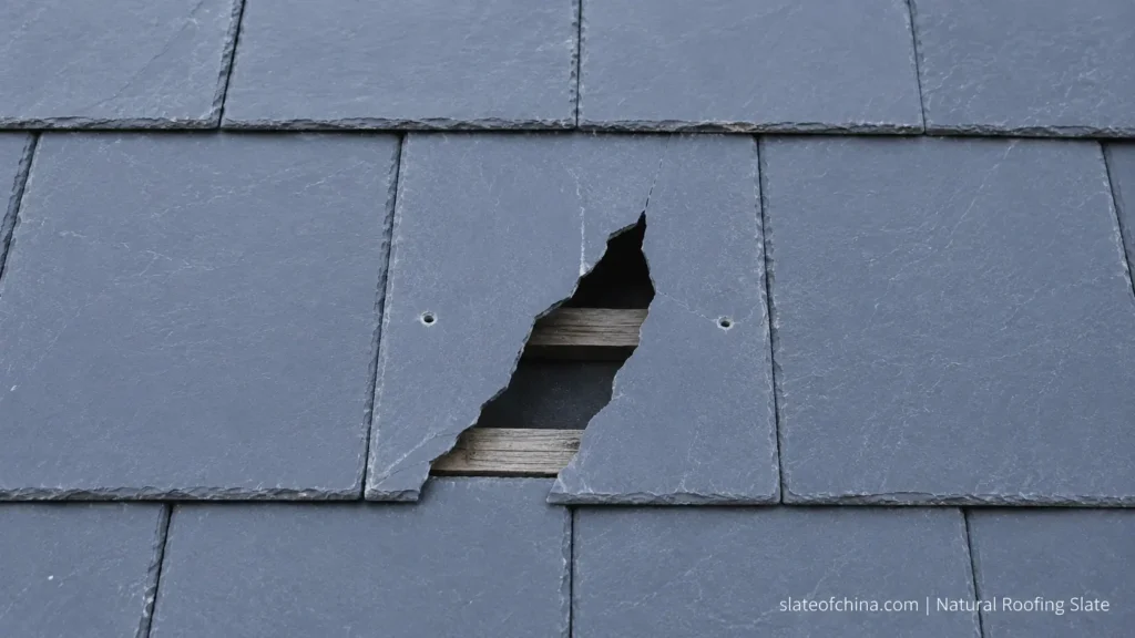 Broken natural roofing slate caused by falling branch exposing the roof battens.