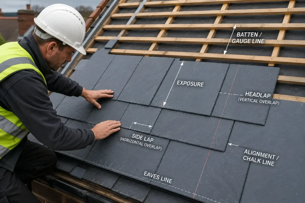 Roofer checking slate layout, exposure, headlap, and alignment before fixing natural roofing slate tiles.