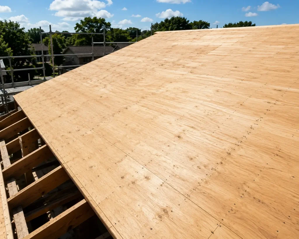 Clean, flat plywood roof deck prepared for underlayment and natural roofing slate installation after inspection and repairs.