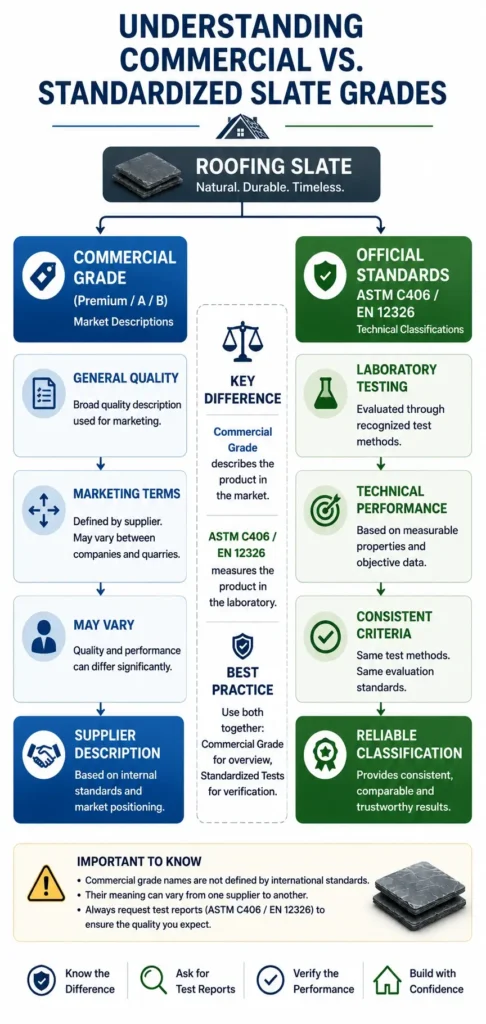 Comparison of commercial roofing slate grades and standardized grading systems, showing the differences between marketing grade names and ASTM C406 / EN 12326 technical classifications.
