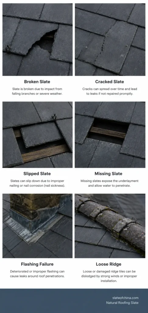 Gallery of common slate roof problems including broken slate, cracked slate, slipped slate, missing slate, flashing failure, and loose ridge.