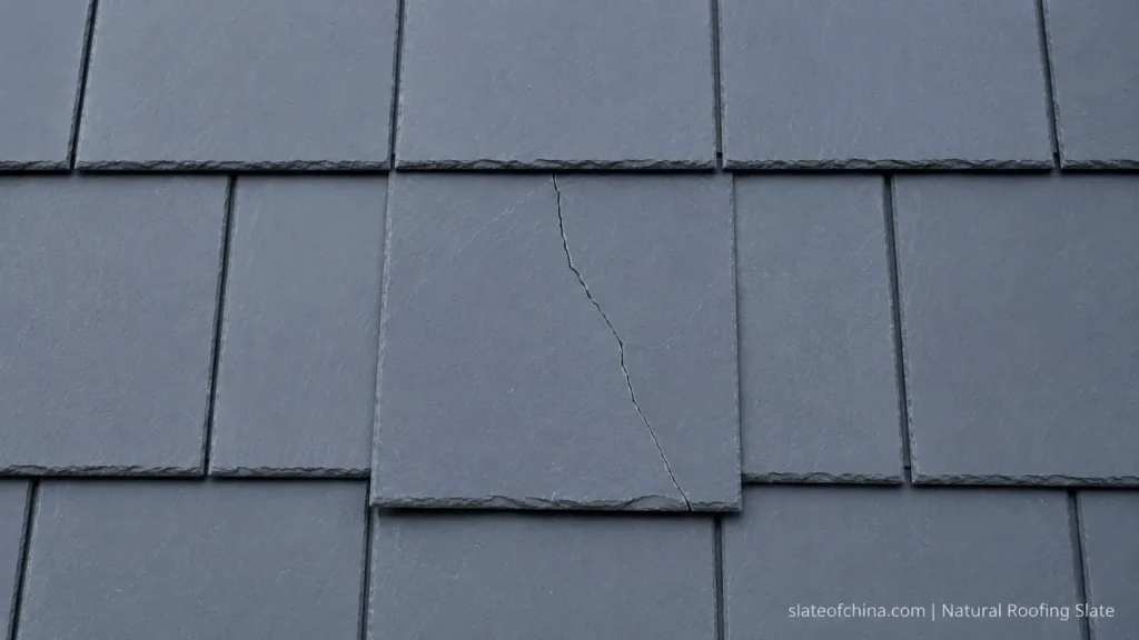 Cracked natural slate roof tile caused by impact damage requiring replacement.
