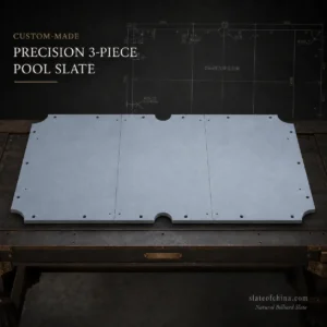 Custom 25mm three-piece pool table slate with precision-cut pockets, mounting holes and natural billiard slate surface