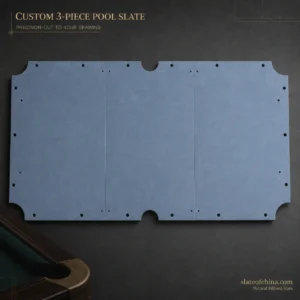 Top view of a custom three-piece pool table slate with precision-cut pockets, seams and mounting holes