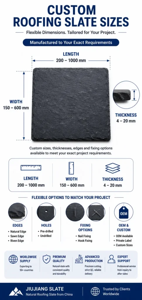 Custom roofing slate sizes infographic showing available length (200–1000 mm), width (150–600 mm), thickness (4–20 mm), OEM manufacturing and worldwide supply.