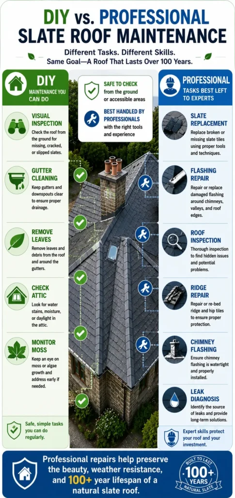 Infographic comparing DIY and professional slate roof maintenance tasks, showing which maintenance jobs homeowners can safely perform and which repairs should be completed by experienced slate roofing professionals.
