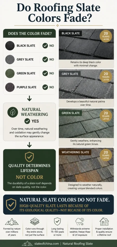 Mobile infographic explaining that natural roofing slate colors do not fade and that slate quality—not color—determines roof lifespan.