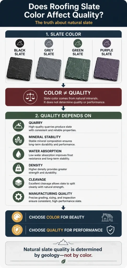 Mobile infographic showing why roofing slate color does not affect quality and explaining the key factors that determine natural slate performance.