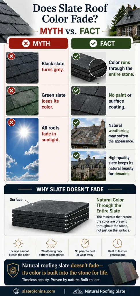 Mobile infographic showing myths and facts about natural roofing slate color fading and explaining why slate retains its color for life.
