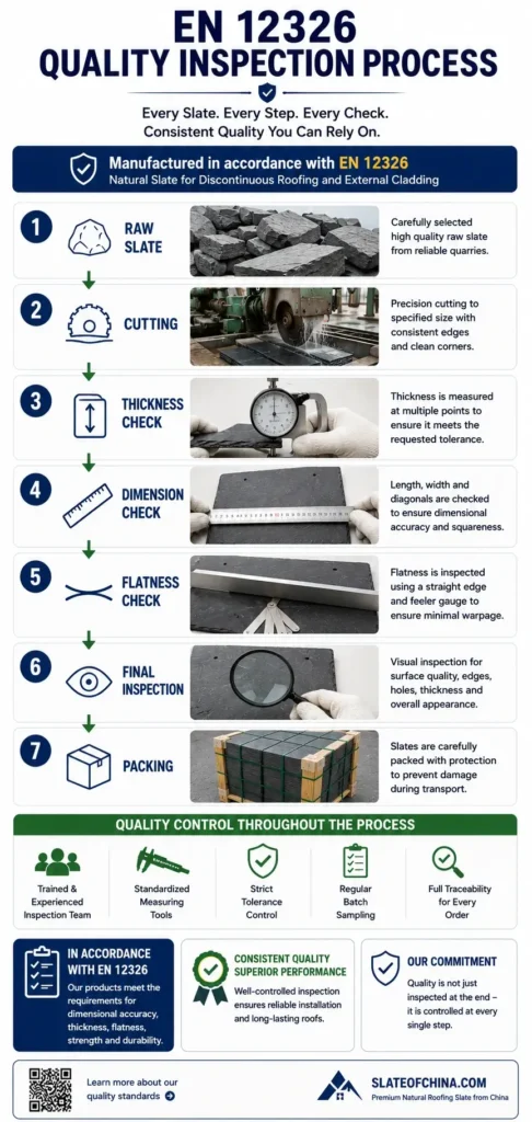 EN 12326 quality inspection process infographic showing raw slate selection, cutting, thickness check, dimension check, flatness check, final inspection and packing for natural roofing slate.
