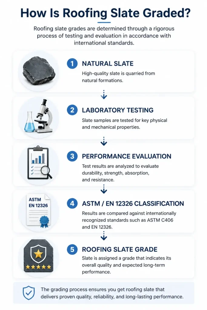 How roofing slate is graded from natural slate through laboratory testing, ASTM and EN 12326 classification to the final roofing slate grade.