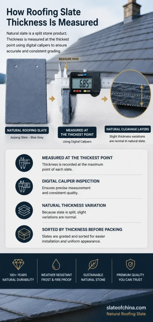 Digital caliper measuring natural roofing slate thickness at the thickest point with natural cleavage layers and thickness inspection guide.