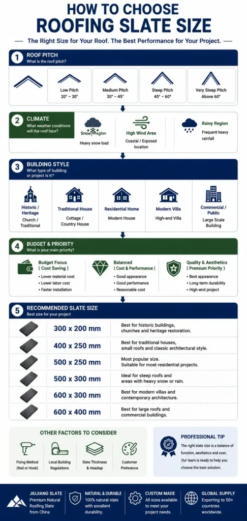 How to choose roofing slate size infographic showing a decision guide based on roof pitch, climate, building style, budget and recommended roofing slate sizes.