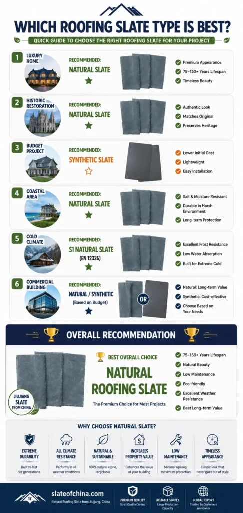 How to choose the best roofing slate infographic comparing the best slate types for luxury homes, historic restoration, budget projects, coastal areas, cold climates and commercial buildings.