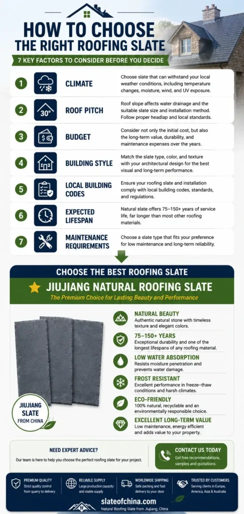 How to choose the right roofing slate infographic showing the key factors including climate, roof pitch, budget, building style, local building codes, lifespan and maintenance requirements.