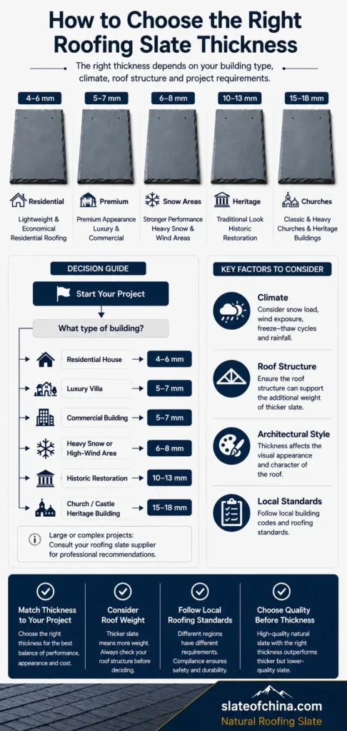 Decision guide showing how to choose the right roofing slate thickness for residential homes, luxury villas, commercial buildings, snow areas, historic restoration, and heritage roofing projects.