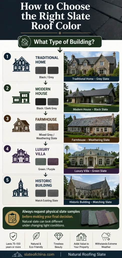 Mobile buying guide showing how to choose the right roofing slate color based on building style, including traditional homes, modern houses, farmhouses, luxury villas, and historic buildings.