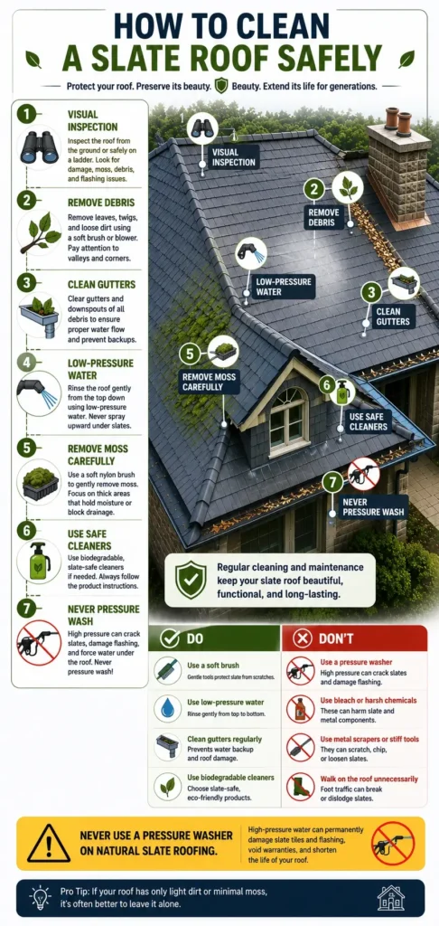 Mobile infographic showing how to clean a natural slate roof safely, including visual inspection, debris removal, gutter cleaning, low-pressure water cleaning, moss removal, safe cleaners, and a warning never to use a pressure washer.