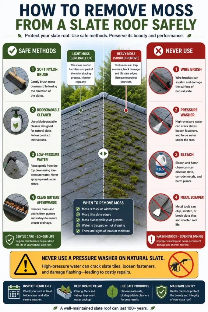 Mobile infographic showing how to safely remove moss from a natural slate roof using a soft nylon brush, biodegradable cleaner, and low-pressure water, while avoiding wire brushes, pressure washers, bleach, and metal scrapers.