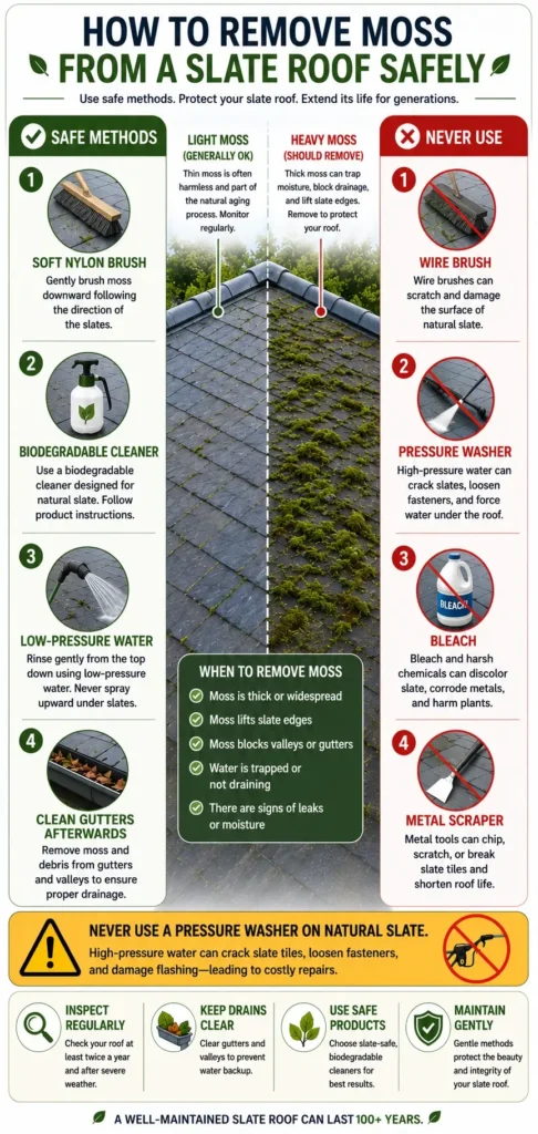 Mobile infographic showing how to safely remove moss from a natural slate roof using a soft nylon brush, biodegradable cleaner, and low-pressure water, while avoiding wire brushes, pressure washers, bleach, and metal scrapers.
