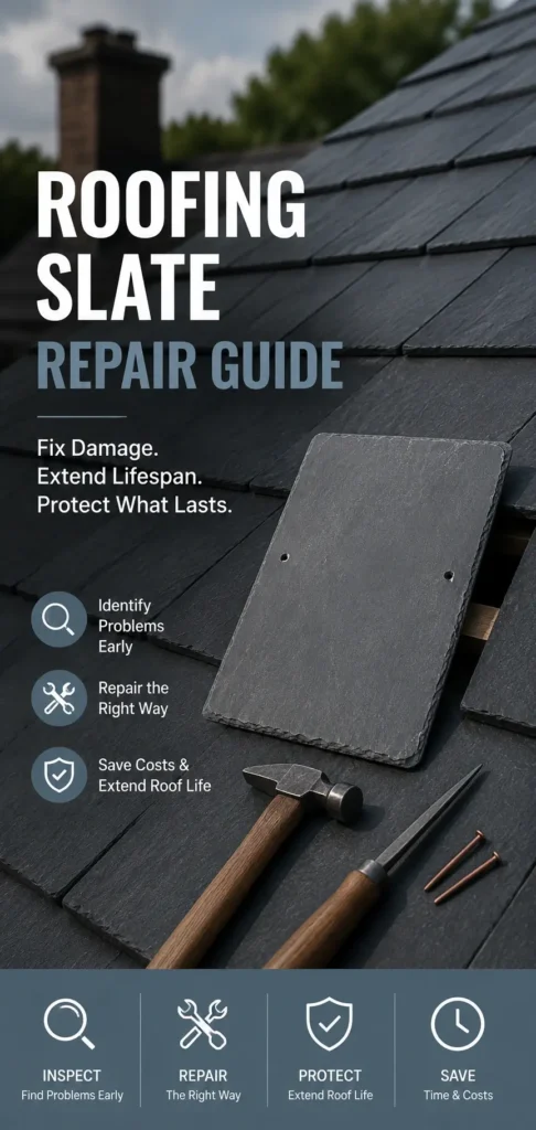 Professional roofing slate repair guide showing natural slate roof repair with replacement slate and roofing tools.