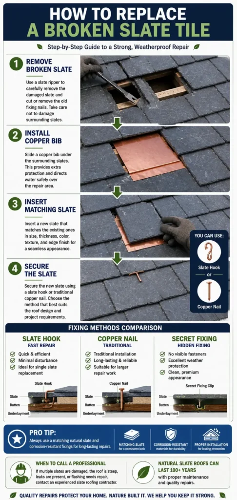 Mobile infographic showing how to replace a broken natural slate roof tile, including removing the damaged slate, installing a copper bib, inserting a matching slate, and securing it with a slate hook or copper nail.