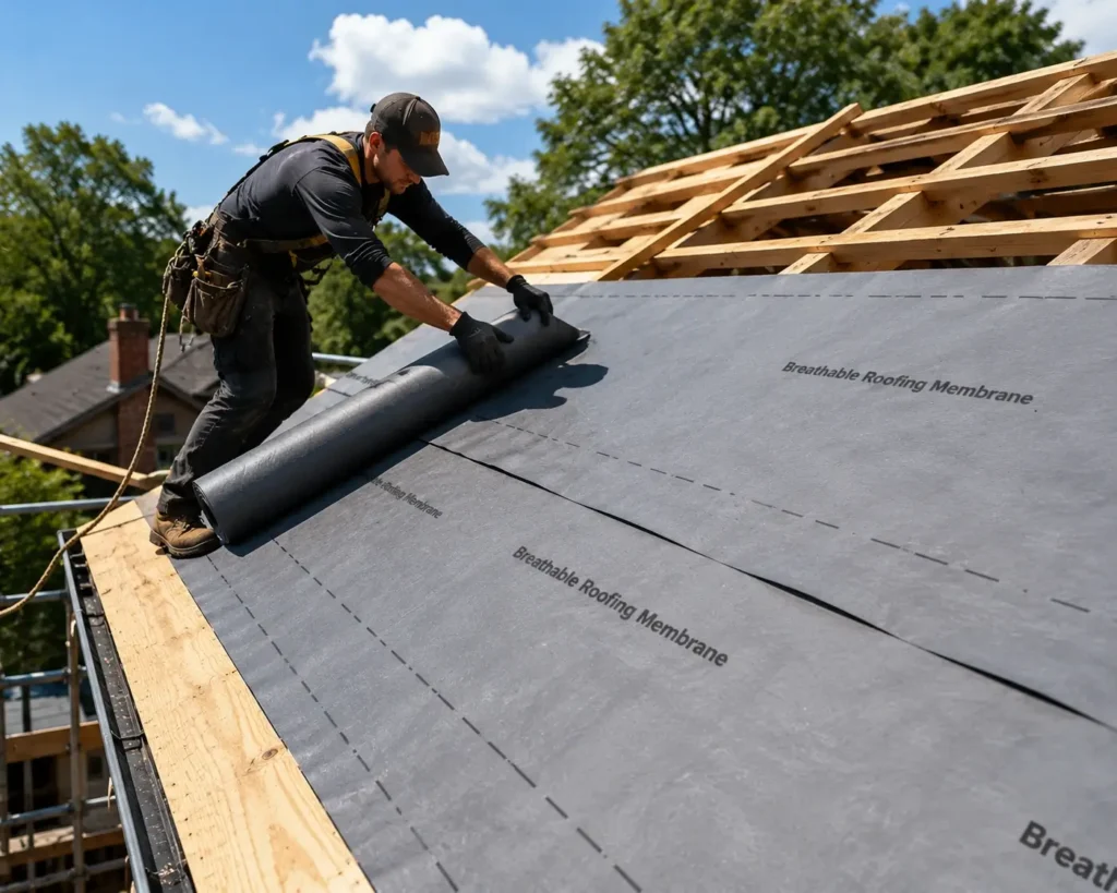 Professional roofer installing a breathable roofing membrane over a clean roof deck before natural roofing slate installation.