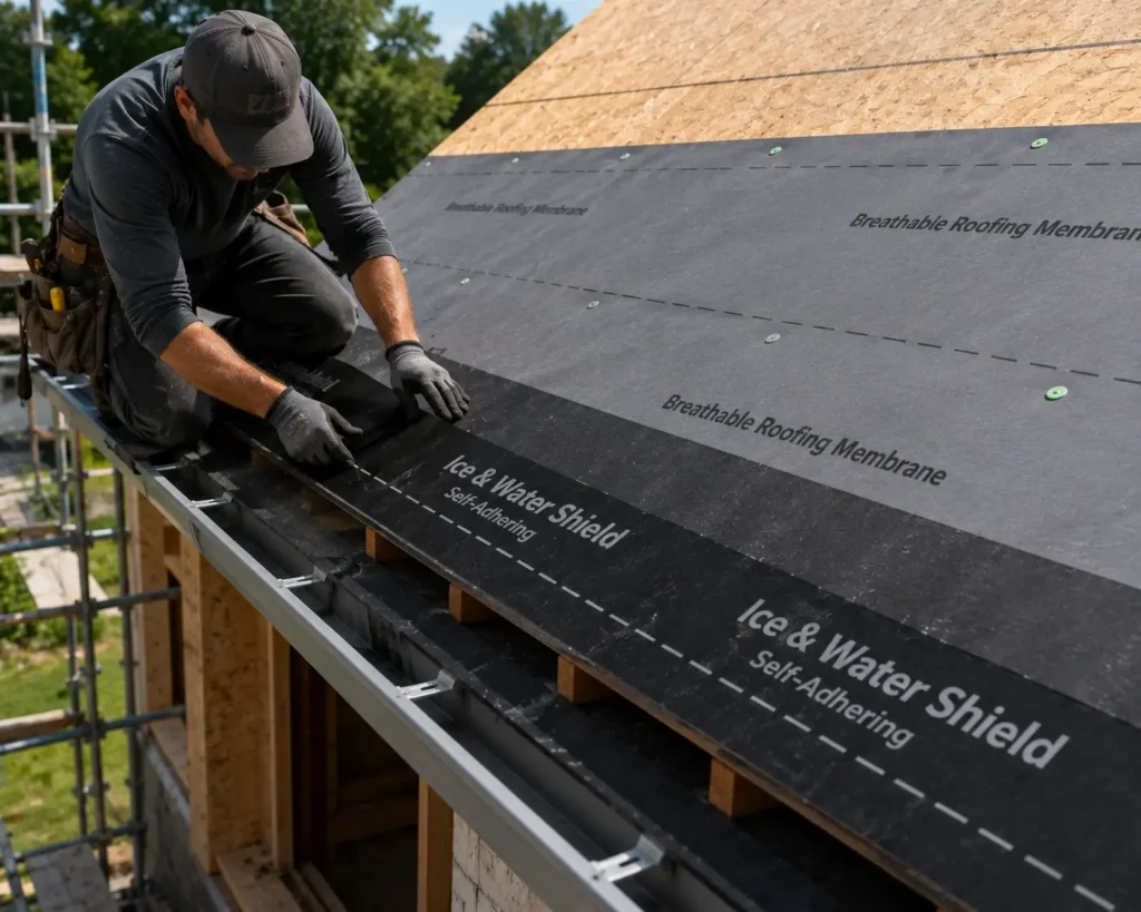 Professional roofer installing a self-adhering Ice & Water Shield membrane along the roof eaves before natural roofing slate installation.