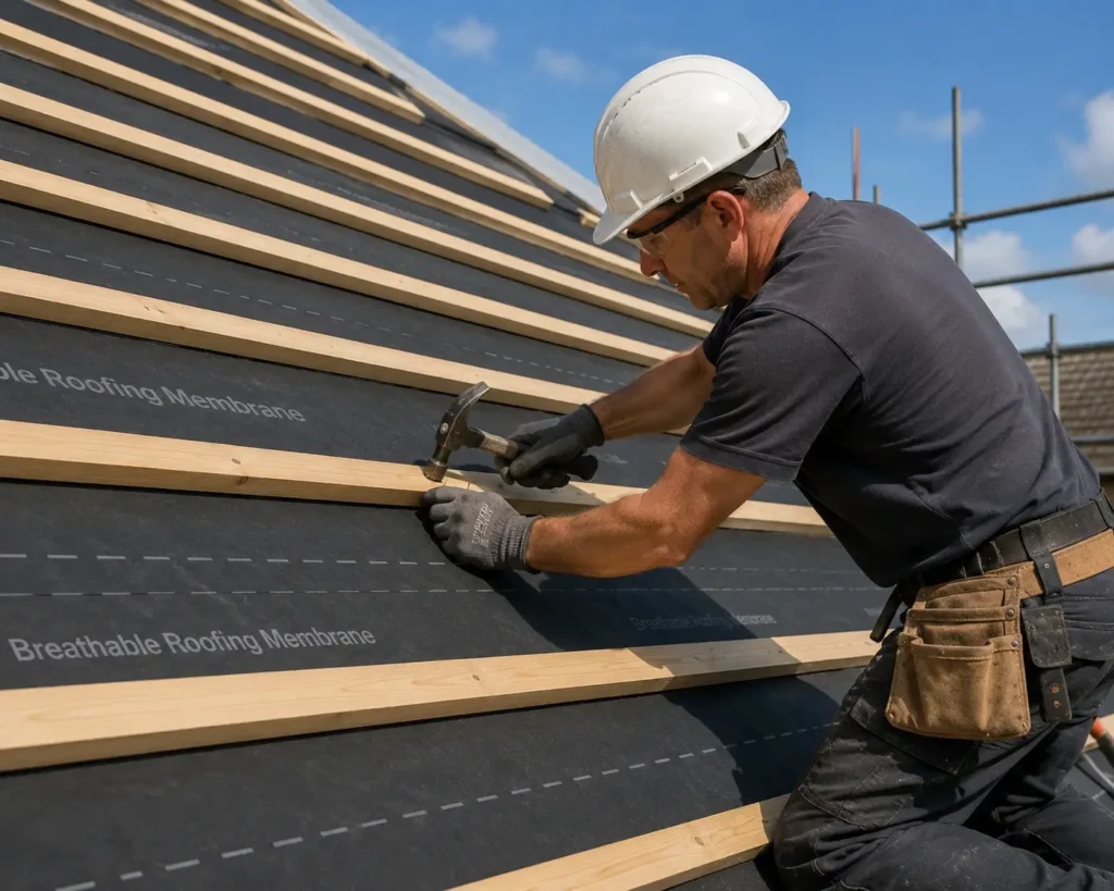 Professional roofer installing treated timber roof battens over a breathable roofing membrane before laying natural roofing slate.