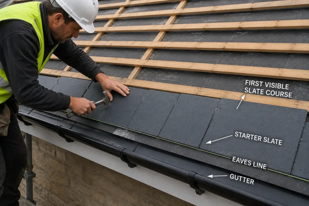 Professional roofer installing the starter course of natural roofing slate at the roof eaves before laying the first visible slate course.