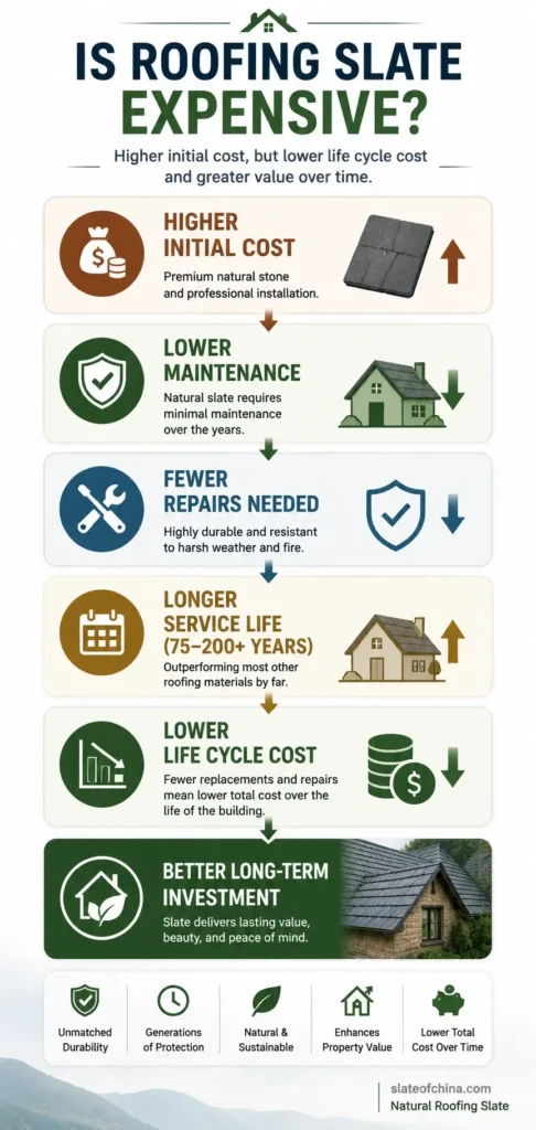 Mobile infographic explaining the long-term value of natural roofing slate by comparing its higher initial cost with its lower lifetime ownership cost.