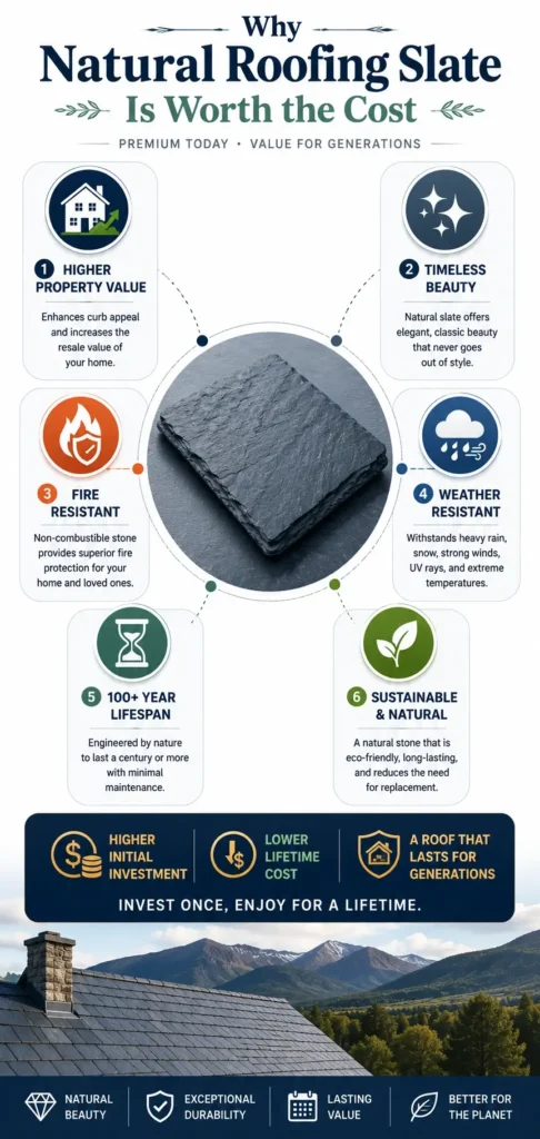 Mobile infographic explaining why natural roofing slate is worth the cost through its durability, beauty, fire resistance, weather resistance, sustainability, and long service life.
