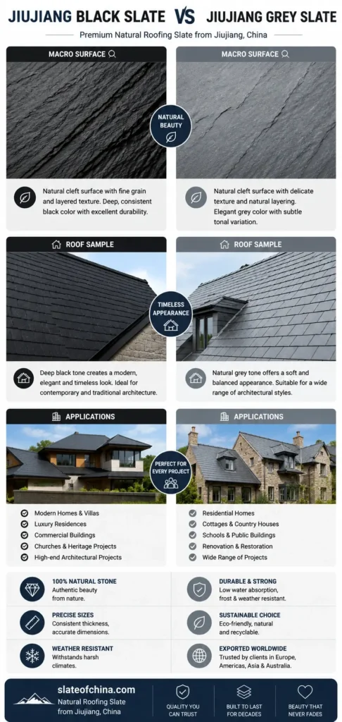 Comparison infographic of Jiujiang Black Slate and Jiujiang Grey Slate, featuring macro surface textures, roof samples, applications and the natural beauty of premium roofing slate from China.