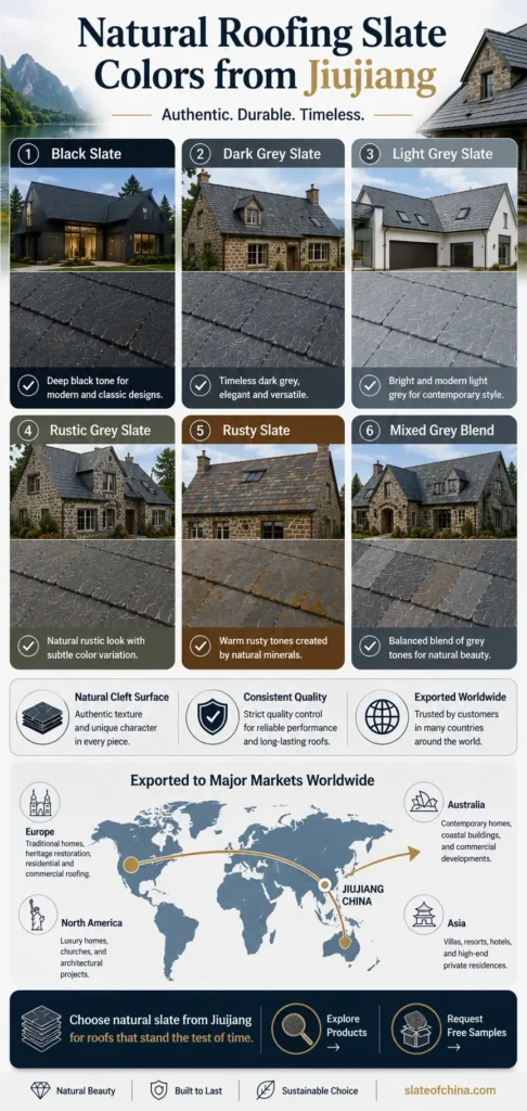 Mobile infographic showcasing Jiujiang natural roofing slate color collection, natural cleft surface, consistent quality, and global export markets.