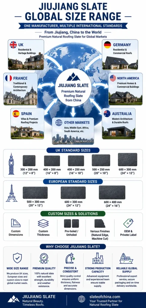 Jiujiang Slate global size range infographic showing UK standard roofing slate sizes, European standard sizes, custom slate sizes and worldwide export markets.