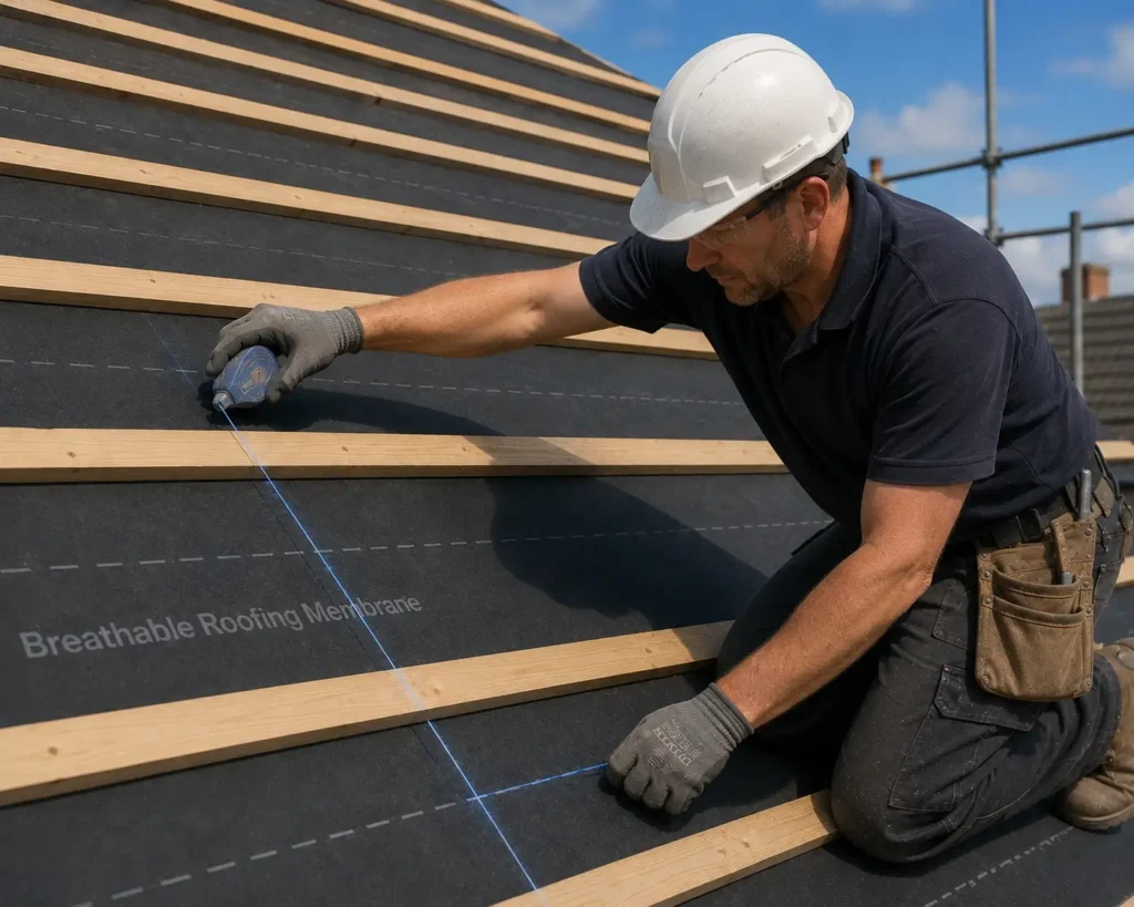 Professional roofer using a chalk line to mark roof batten layout over a breathable roofing membrane before natural slate roof installation.
