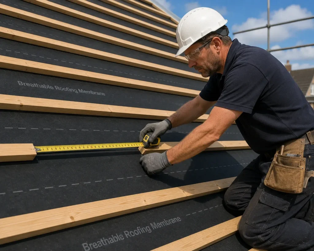 Professional roofer measuring roof batten spacing with a tape measure over a breathable roofing membrane before natural roofing slate installation.