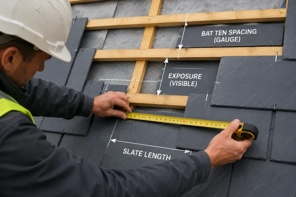 Professional roofer measuring slate exposure and batten spacing before installing natural roofing slate tiles.