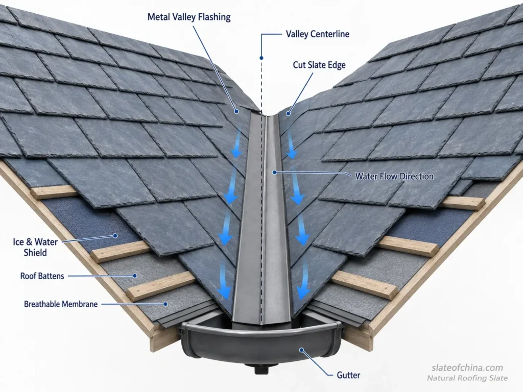 Diagram showing metal valley flashing for slate roof installation, including valley centerline, cut slate edges, water flow direction, waterproof membrane, battens, and gutter.