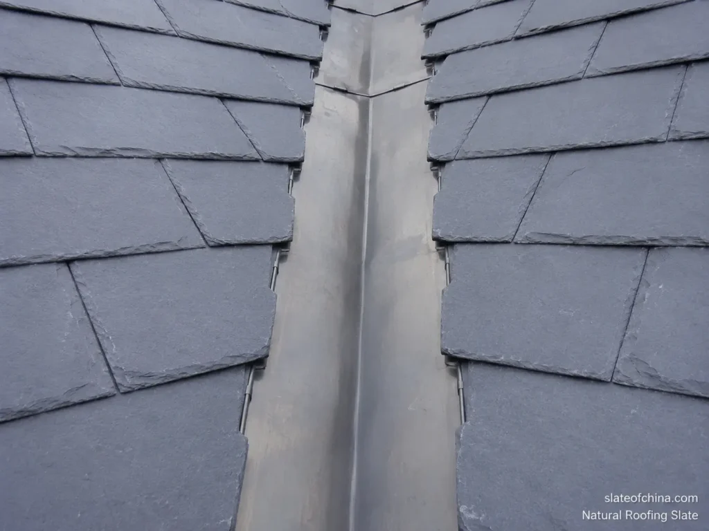 Open metal valley detail on a natural slate roof showing visible flashing and clean slate cuts for efficient water drainage.