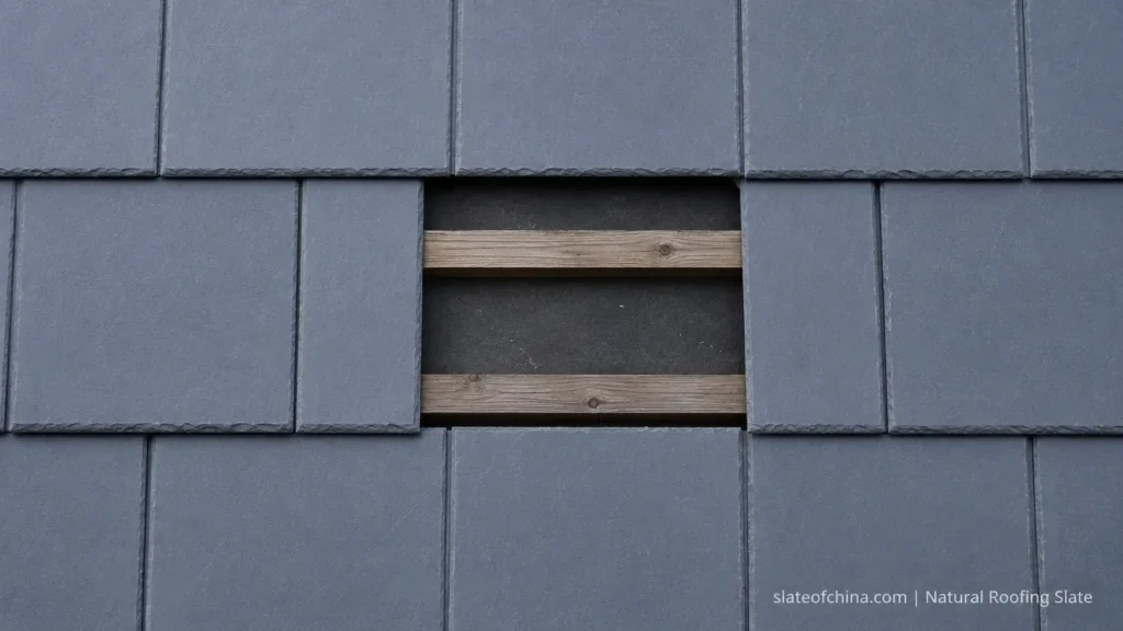 Missing natural roofing slate exposing roof battens after storm damage.