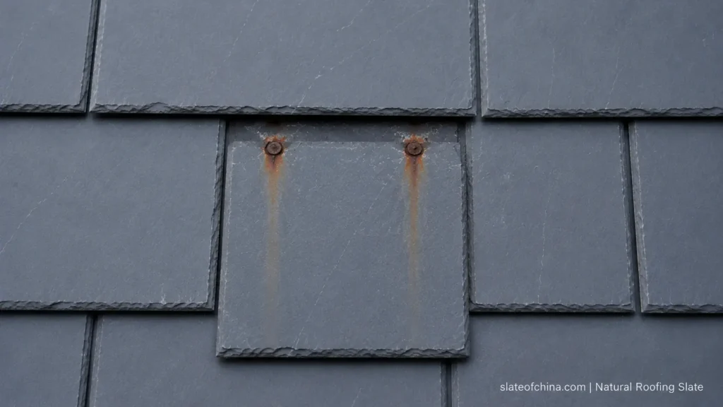 Multiple slipped slates caused by corroded roofing nails known as nail sickness.