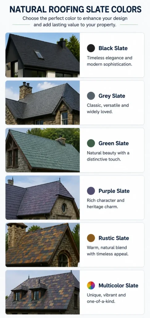 Natural roofing slate color gallery featuring black, grey, green, purple, rustic, and multicolor slate roof tiles