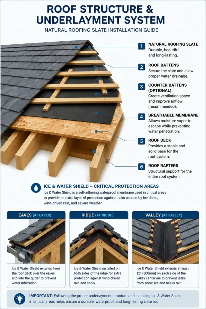 Cross-sectional diagram of a natural roofing slate system showing roofing slate, roof battens, optional counter battens, breathable membrane, roof deck, roof rafters, and Ice & Water Shield installation at the eaves, ridge, and valley.