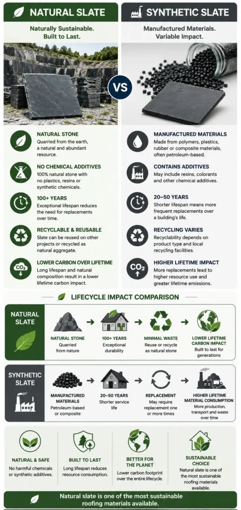 Environmental impact comparison of natural slate roofing and synthetic slate roofing, showing sustainability, recyclability, lifespan, and lifetime carbon impact.