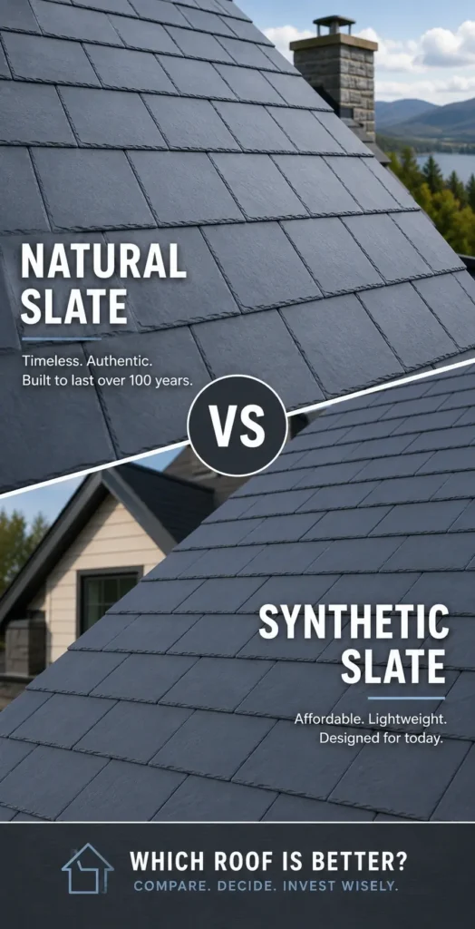 Natural slate vs synthetic slate roofing comparison showing real stone slate roof and composite slate roof