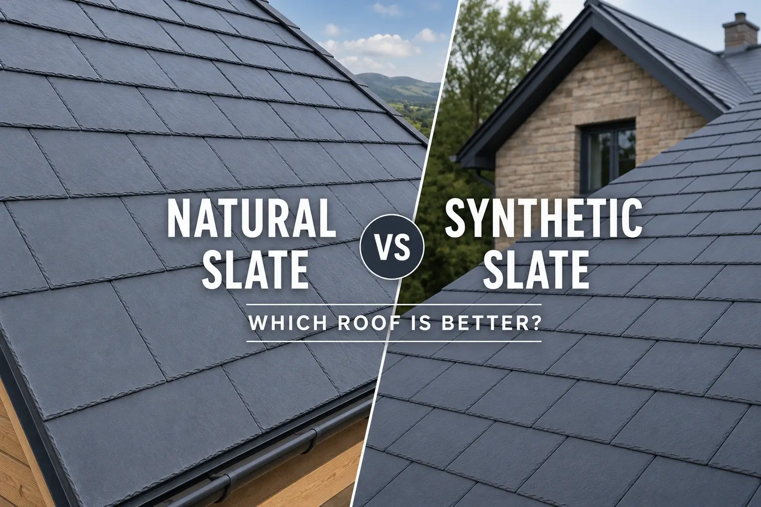 Natural slate vs synthetic slate roofing comparison showing real stone slate roof and composite slate roof